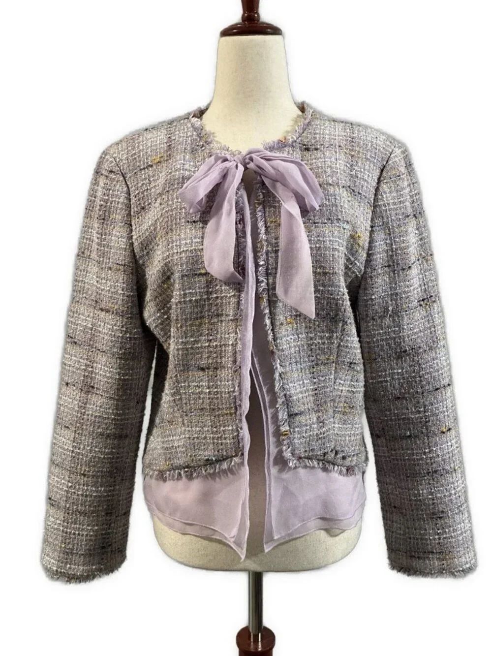 ABS Allen Schwartz Lavender Purple Tweed Boucle Jacket Silk Bow Fringe 10 Medium